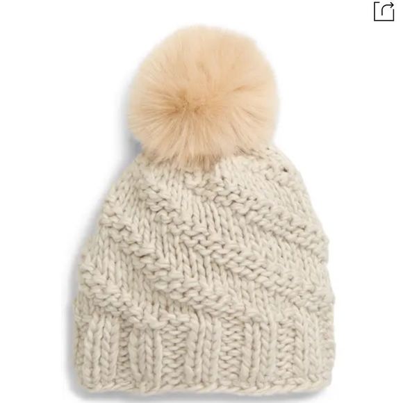 Free People Accessories - NWT Free People Beige Happy Trails Fitted Pom Winter Beanie